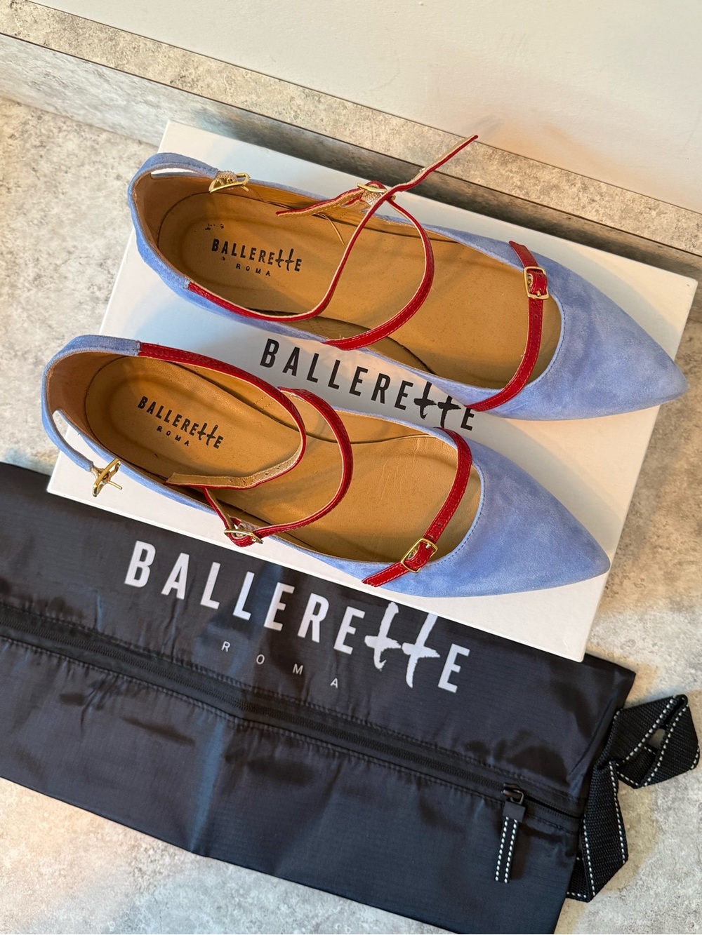 Ballerette Blue Suede Pointed Flats with Red Straps - Picture 2 of 9
